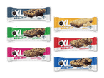 Seks XL müslibarer i forskellige smagsvarianter: mørk chokolade, hasselnødder, mælkechokolade, banan og peanuts.