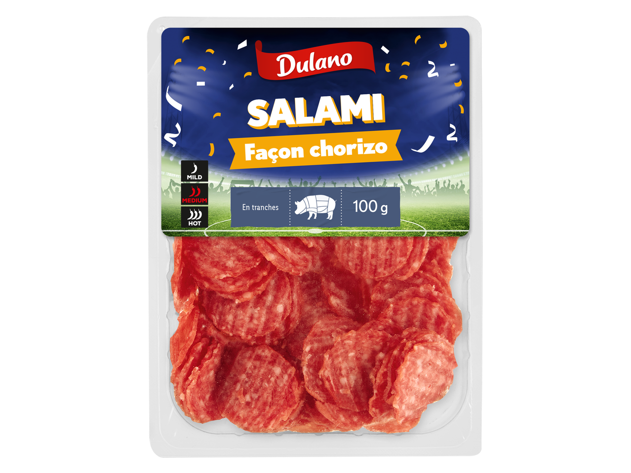 Paquet de salami façon chorizo, 100g, avec des indications de piquant (doux, moyen, fort).