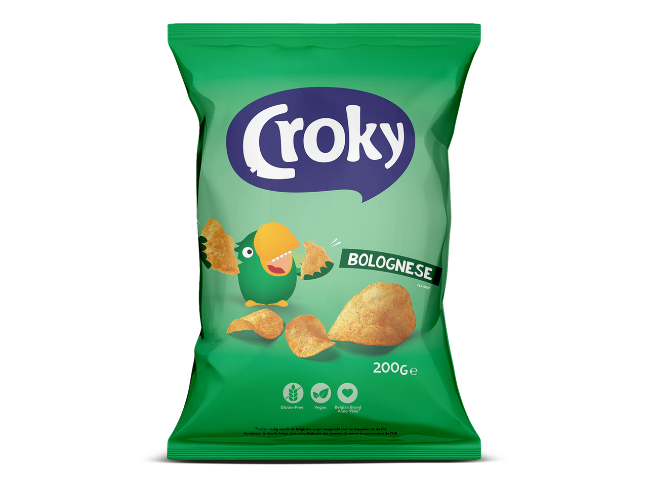 Een groene zak bolognese chips van 200 gram met een papegaai-illustratie.