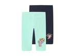 To par leggings til børn, et mintgrønt og et mørkeblåt, med tegneseriefigurer og tekst.