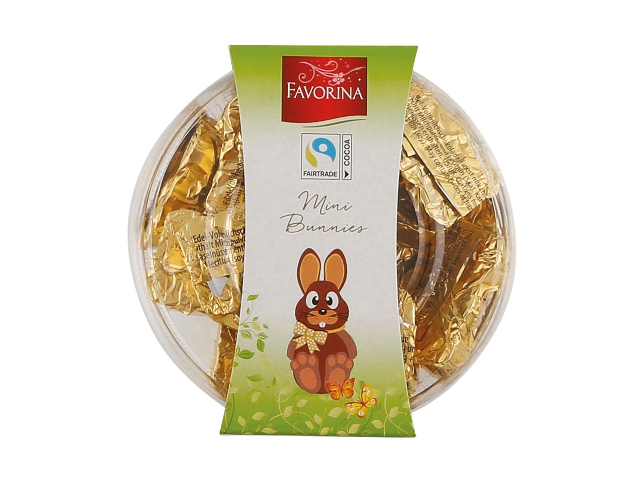 Easter chocolate mini bunnies in gold foil, with a Fairtrade cocoa label