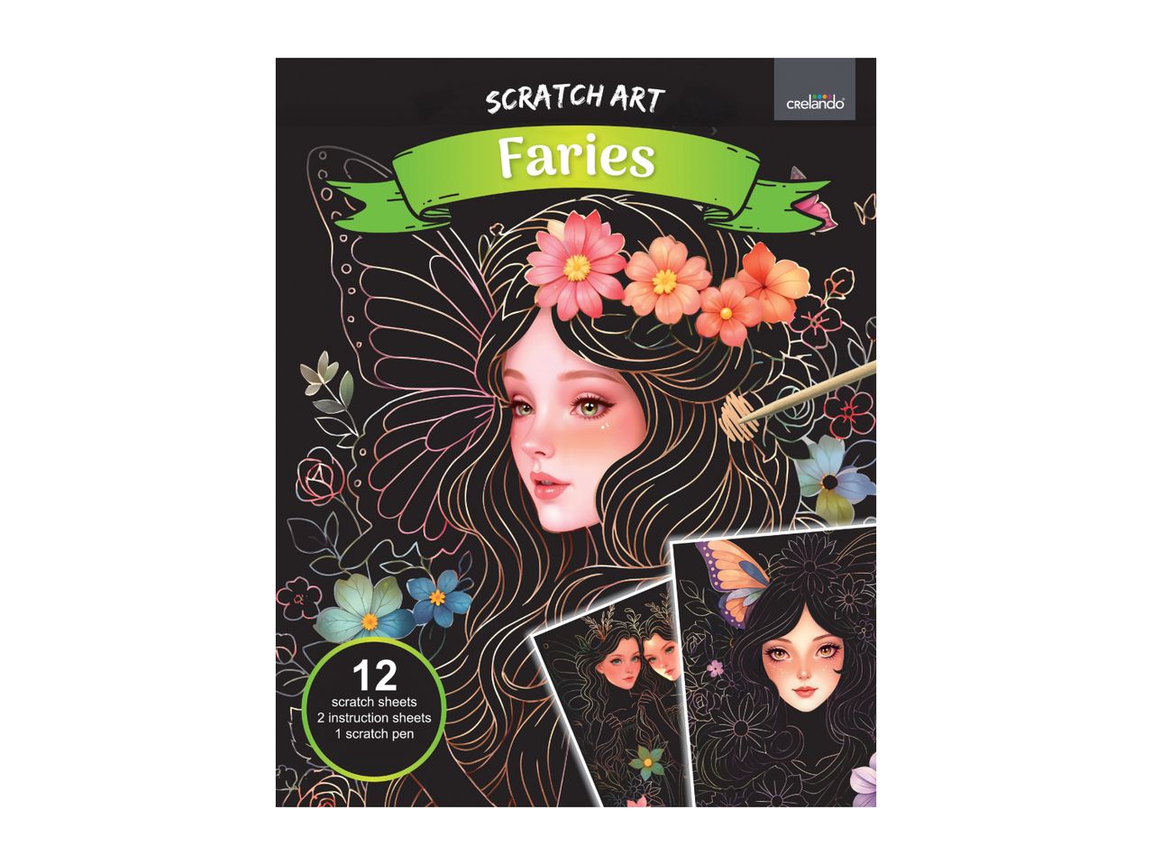 Scratch art kit with a fairy theme, featuring a girl with flowers in her hair, 12 sheets, and a scratch pen.