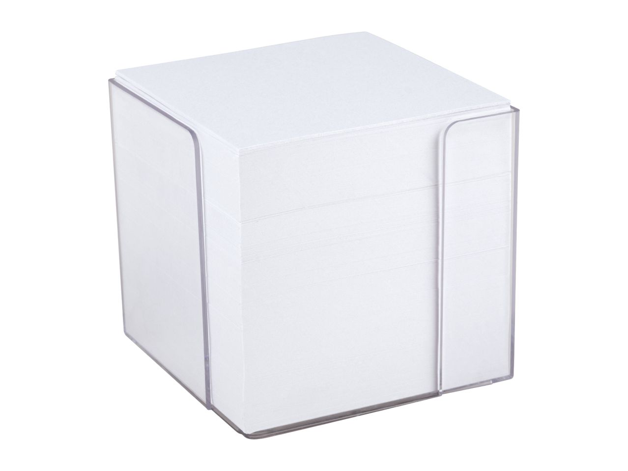 White paper memo cube in a clear acrylic holder.