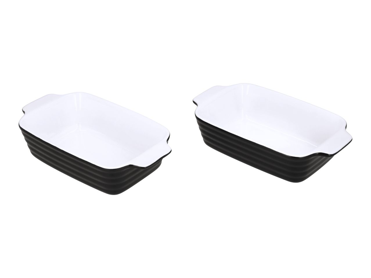 Two rectangular black and white ceramic baking dishes with ribbed sides.