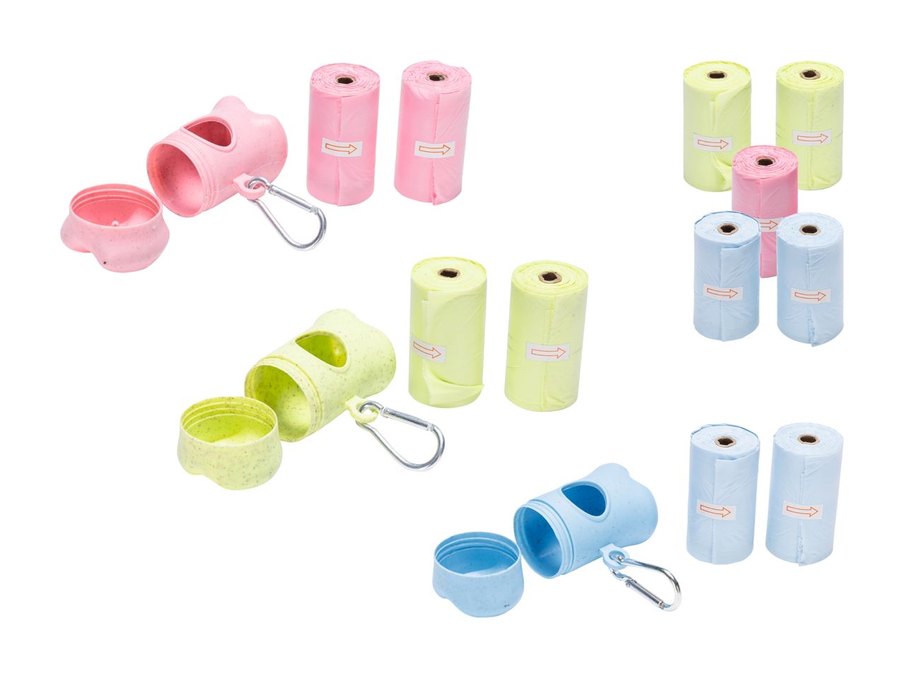 Set mit Kotbeutelspendern für Haustiere in verschiedenen Pastellfarben.