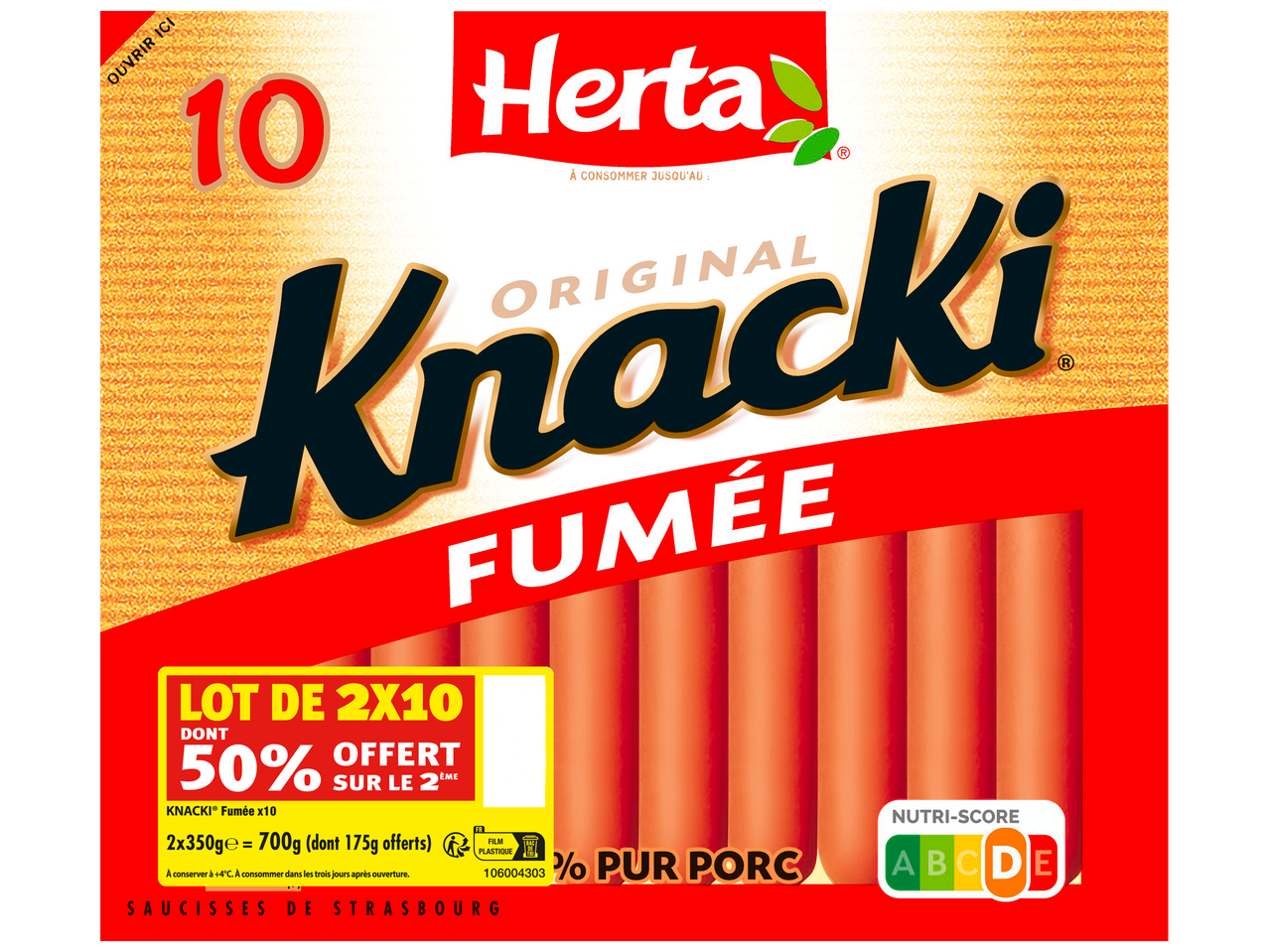 Paquet de 10 saucisses de Strasbourg fumées, avec une offre de 50% sur le deuxième lot.