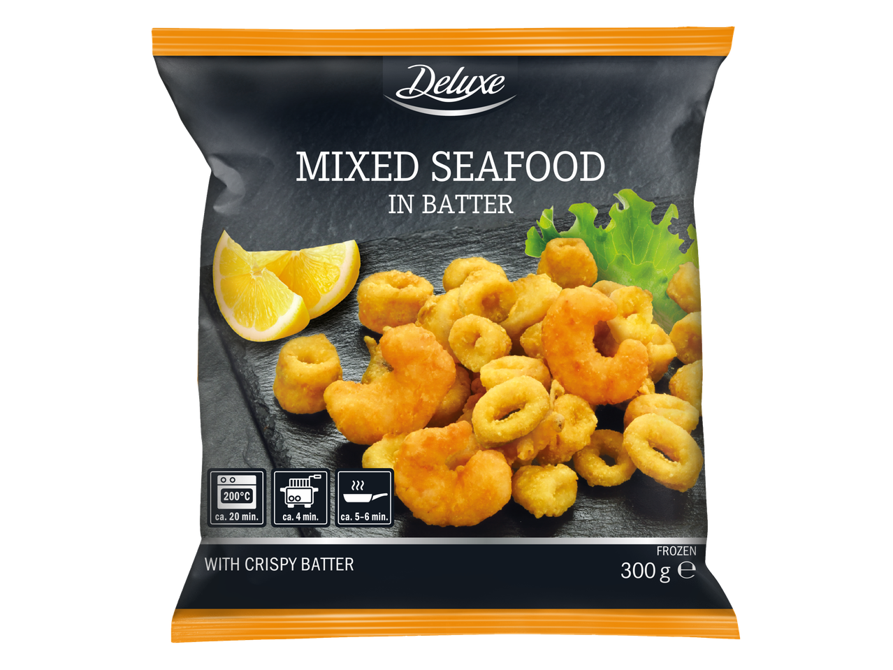 Deluxe Jūrų gėrybių mišinys tešloje, 300g, su gaminimo instrukcijomis.