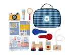 A detective play set with a camera, flashlight, magnifying glass, binoculars, walkie-talkie, and case.