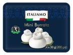 ITALIAMO Mini Burrata verpakking toont vier mini burrata bolletjes.
