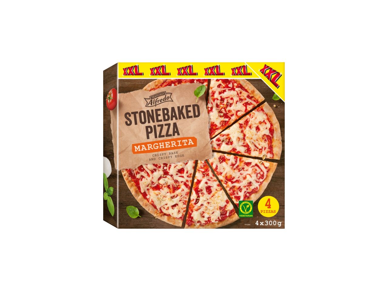 Kutija Alfredo pice sa natpisom „Stonebaked Pizza Margherita“ i slikom isečene pice.