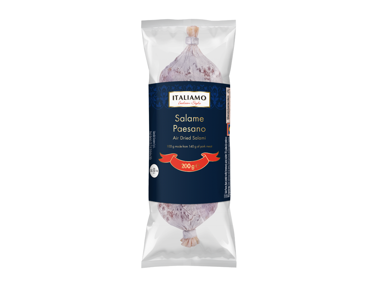Опаковка сух салам „Salame Paesano“ с надпис „100 г, произведени от 140 г свинско месо“ и „200 г“.
