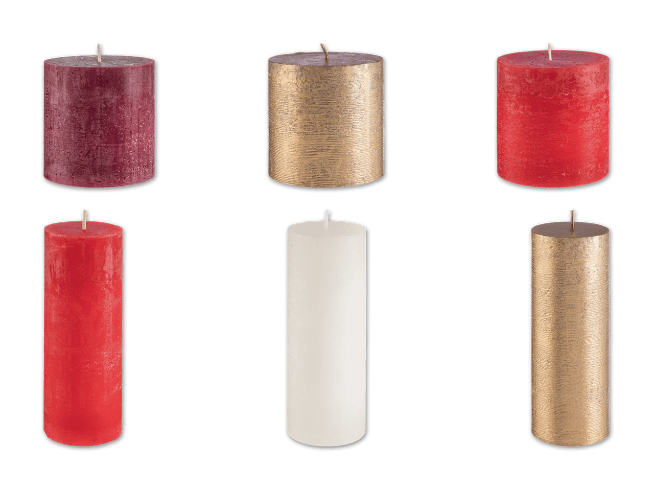 Sechs Stumpenkerzen in Rot, Gold und Weiß, in verschiedenen Größen.