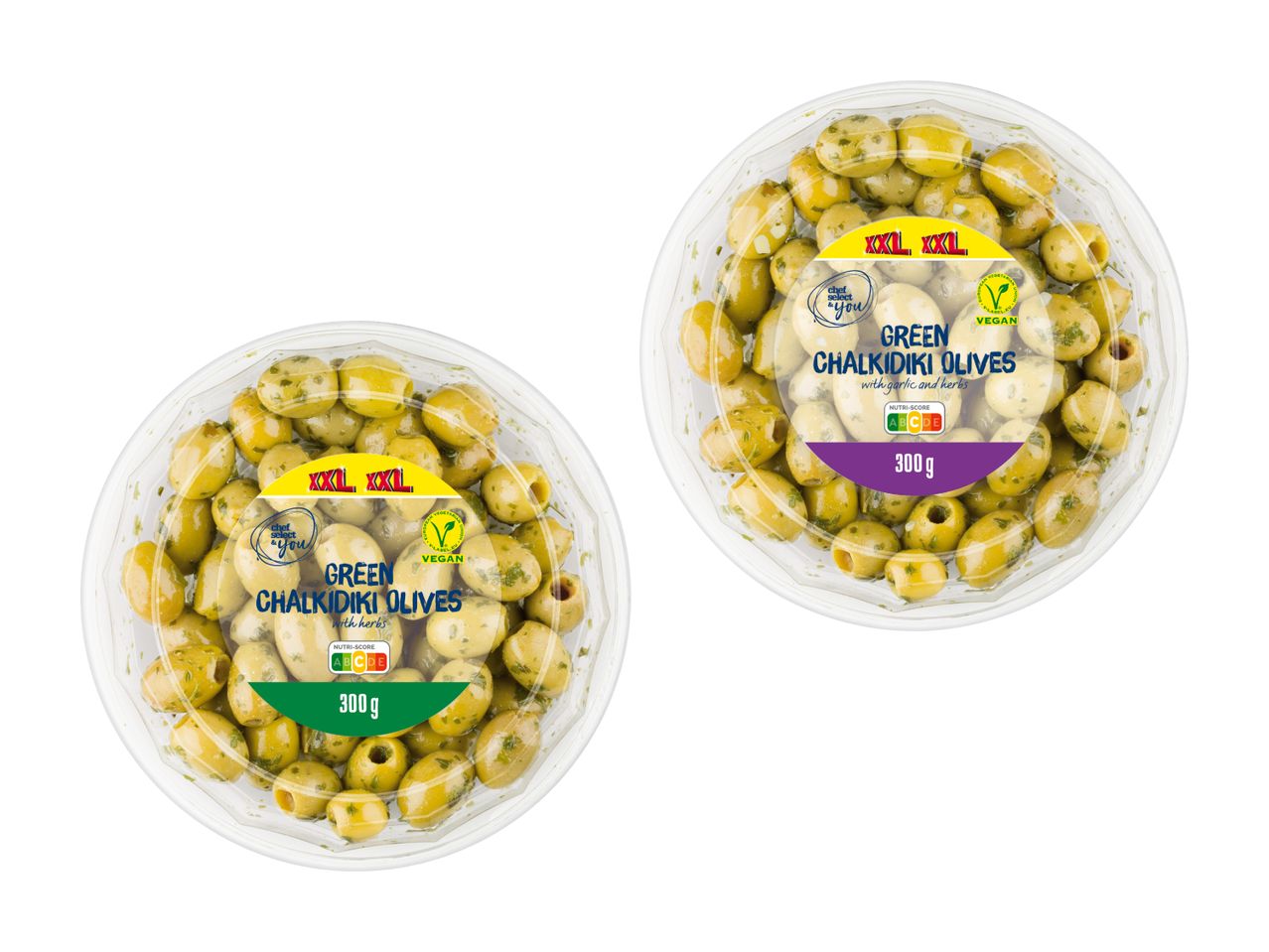 Due vasetti di olive, uno giallo e uno viola, con etichetta.