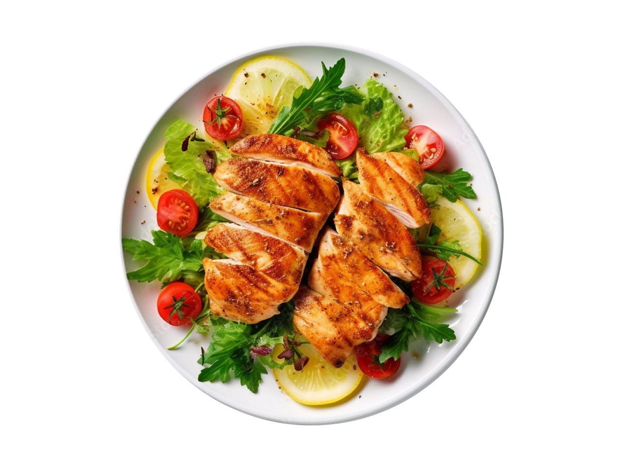 Hähnchenbrustfilet mit Salat, Kirschtomaten und Zitronenscheiben auf einem weißen Teller