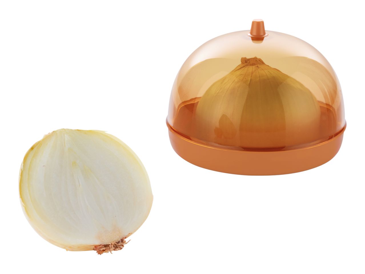 An orange plastic onion keeper with a halved onion beside it.