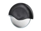 Black pizza cutter with a stainless steel wheel and a protective cover