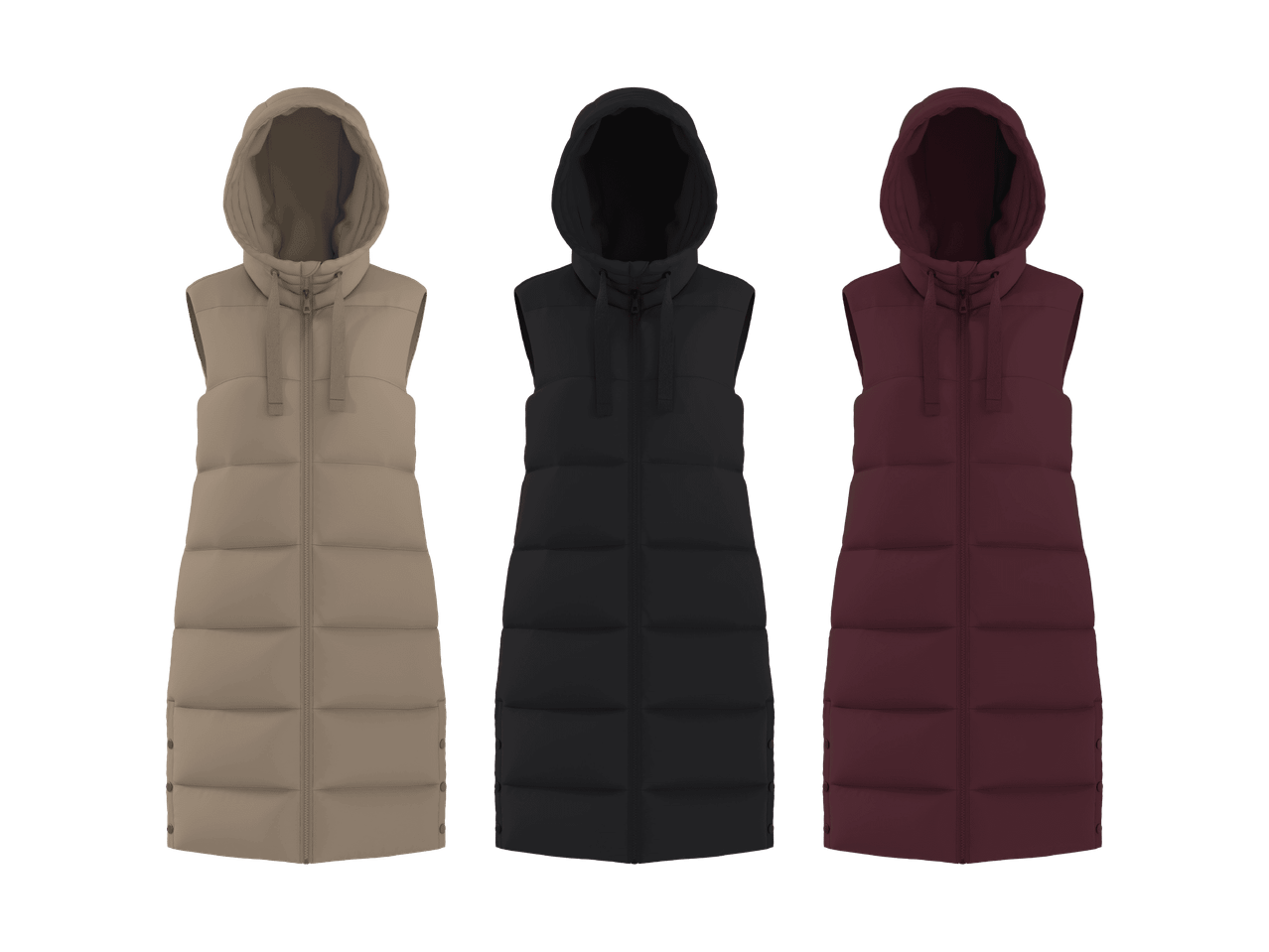 Lange Damen-Steppwesten mit Kapuze in Beige, Schwarz und Dunkelrot.