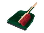 Green dustpan with a red and wood-handled brush