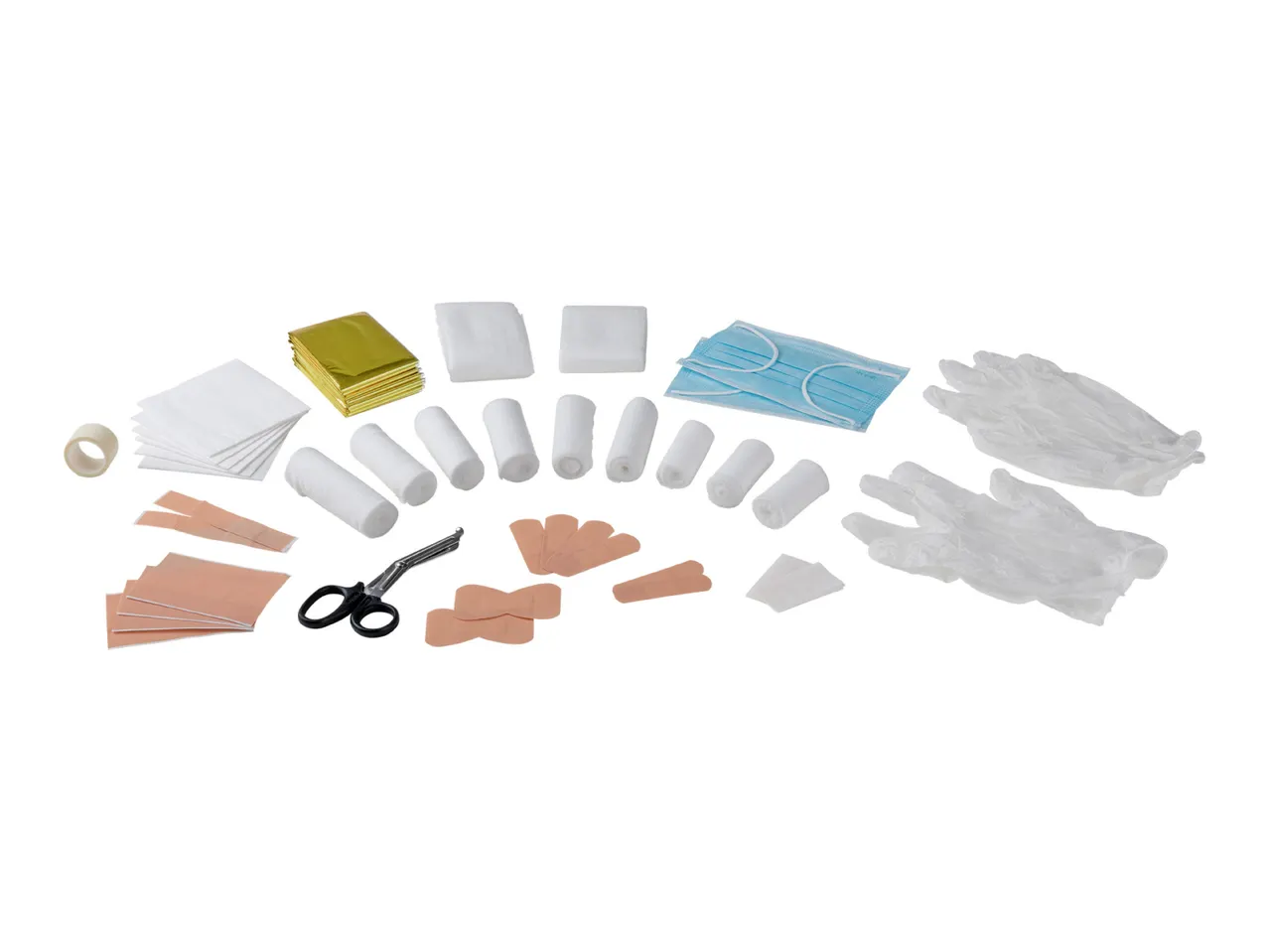 First aid kit contents: bandages, gauze, medical tape, masks, gloves, and scissors.