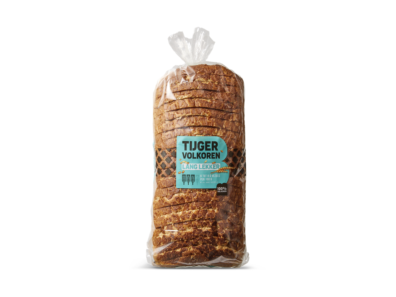 Een verpakking gesneden tijgerbrood met de tekst 'Tijger Volkoren Lang Lekker' en '100% Volkoren'.