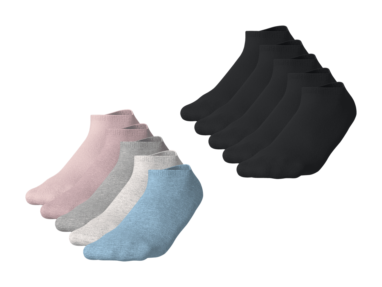 Lot de chaussettes basses pour femmes en noir, rose, gris et bleu.