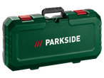 Parkside 20V Cordless Wood Cutter in a dark green case with red latches and a black handle.