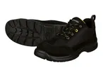 Black work shoes with yellow laces and a textured sole, one shoe on its side.