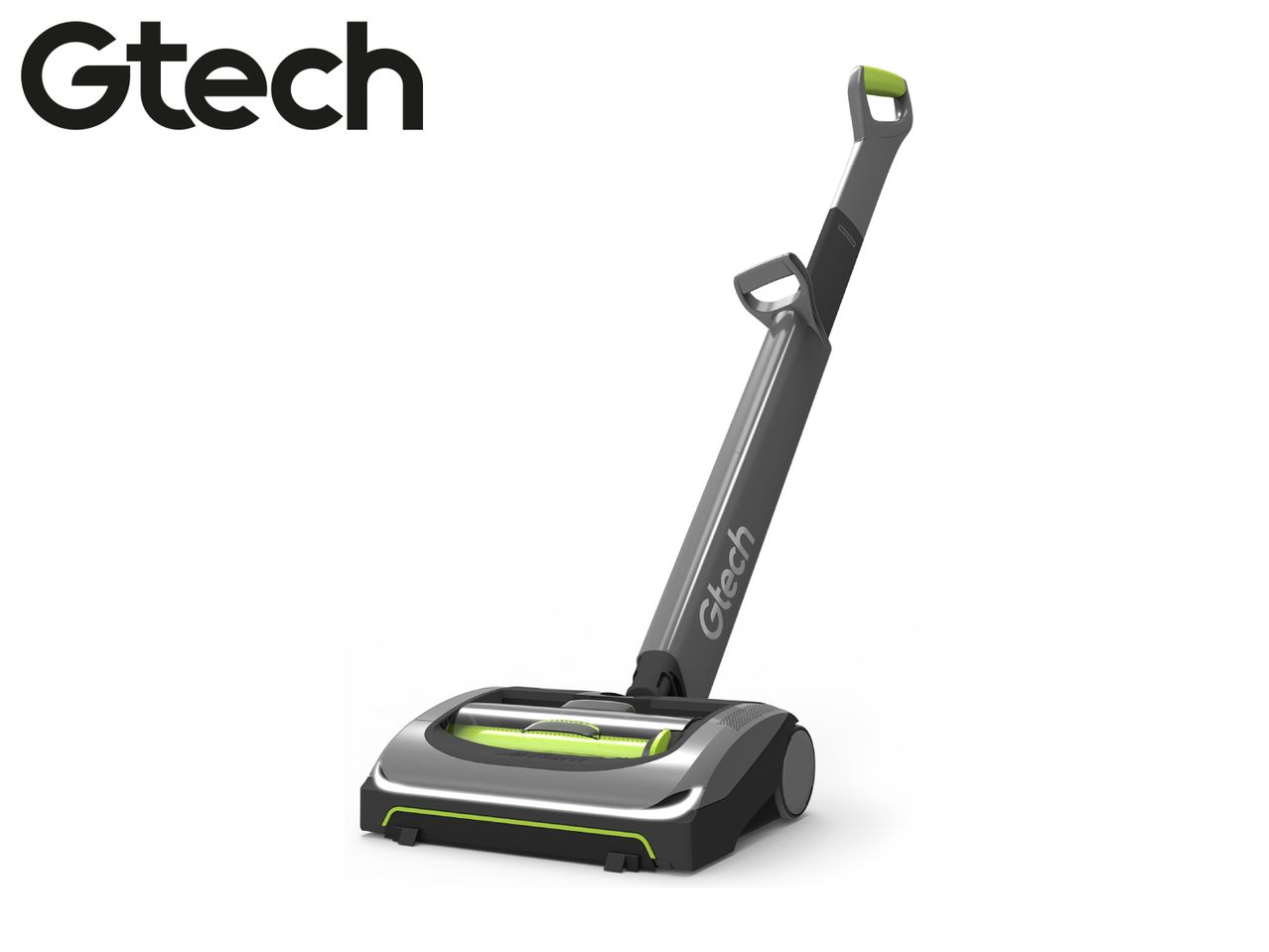 A modern grey and green cordless upright vacuum cleaner.