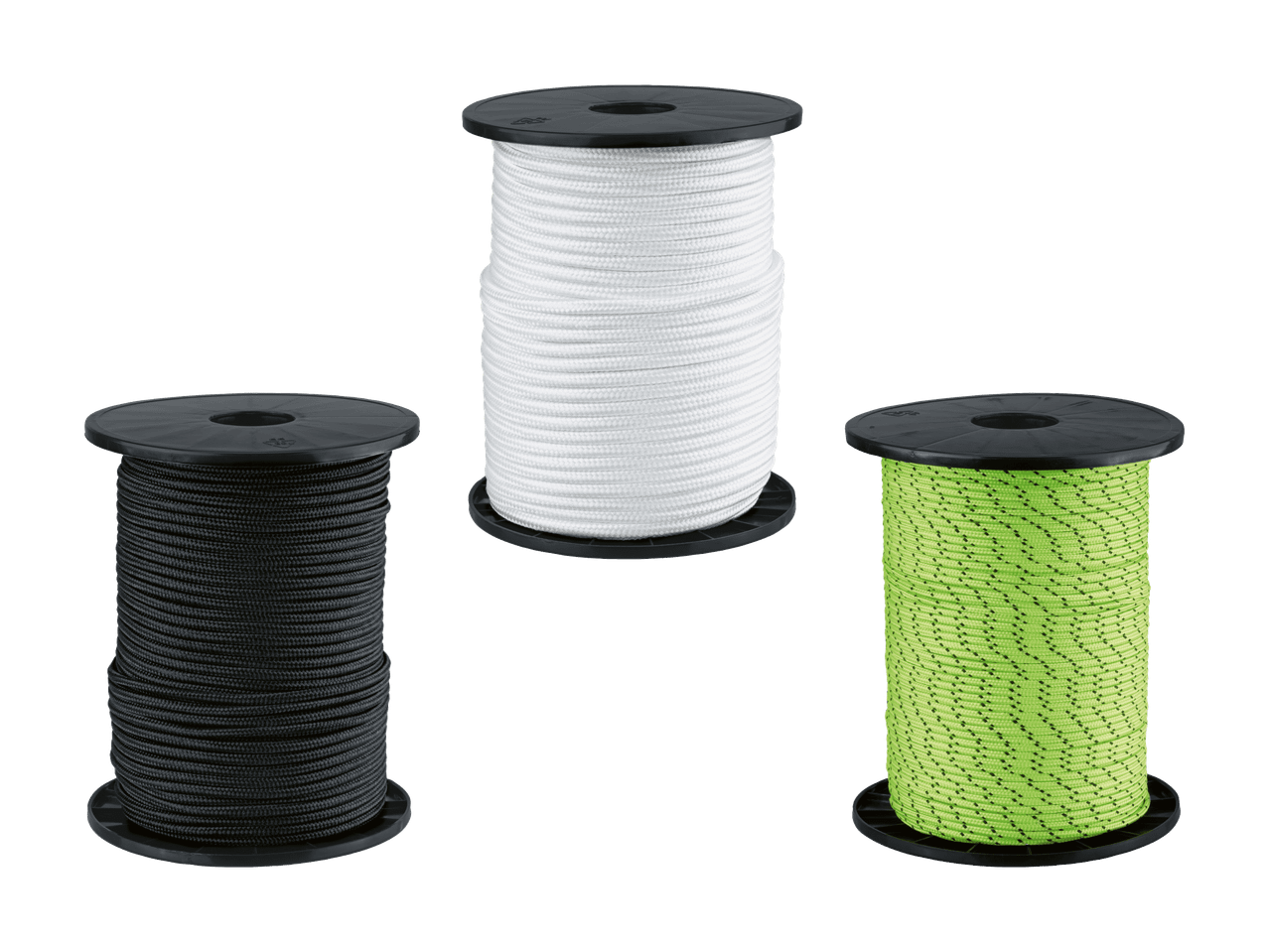 Trois bobines de corde en blanc, noir et vert fluo à pois noirs.