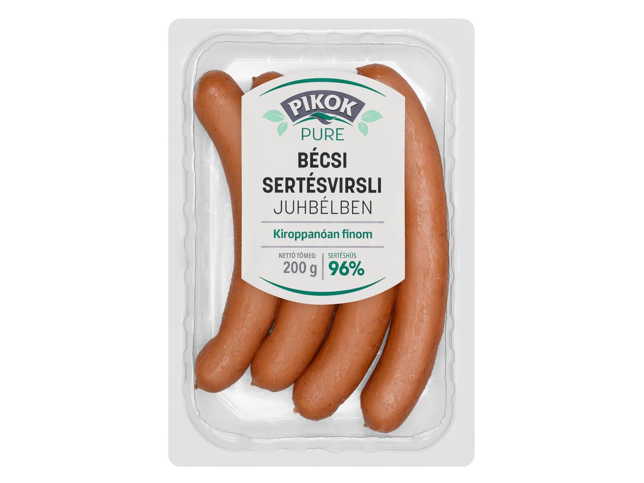 Pikok Pure Bécsi sertésvirslik juhbélben, 200g-os kiszerelésben, 96% hústartalommal.