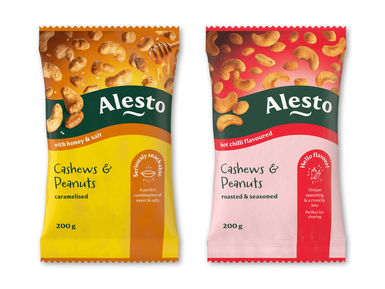 To poser cashewnødder og peanuts: karamelliserede med honning og salt, og ristede med chilisauce.