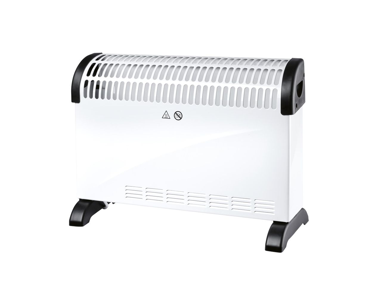 Fehér színű, hordozható konvekciós fűtőtest fekete lábakkal és fogantyúkkal.