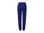 Back view of a pair of plain blue sweatpants with an elastic waistband and cuffed ankles.