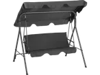 Garden swing chair with canopy and dark grey cushions.