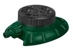 Un irrigatore a spruzzo rotante verde per giardini.