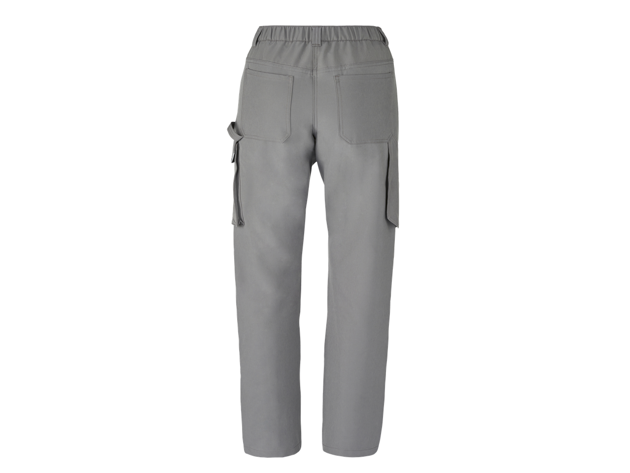 Calças de trabalho cinzentas PARKSIDE PERFORMANCE para senhora com cintura elástica e vários bolsos, vista traseira.