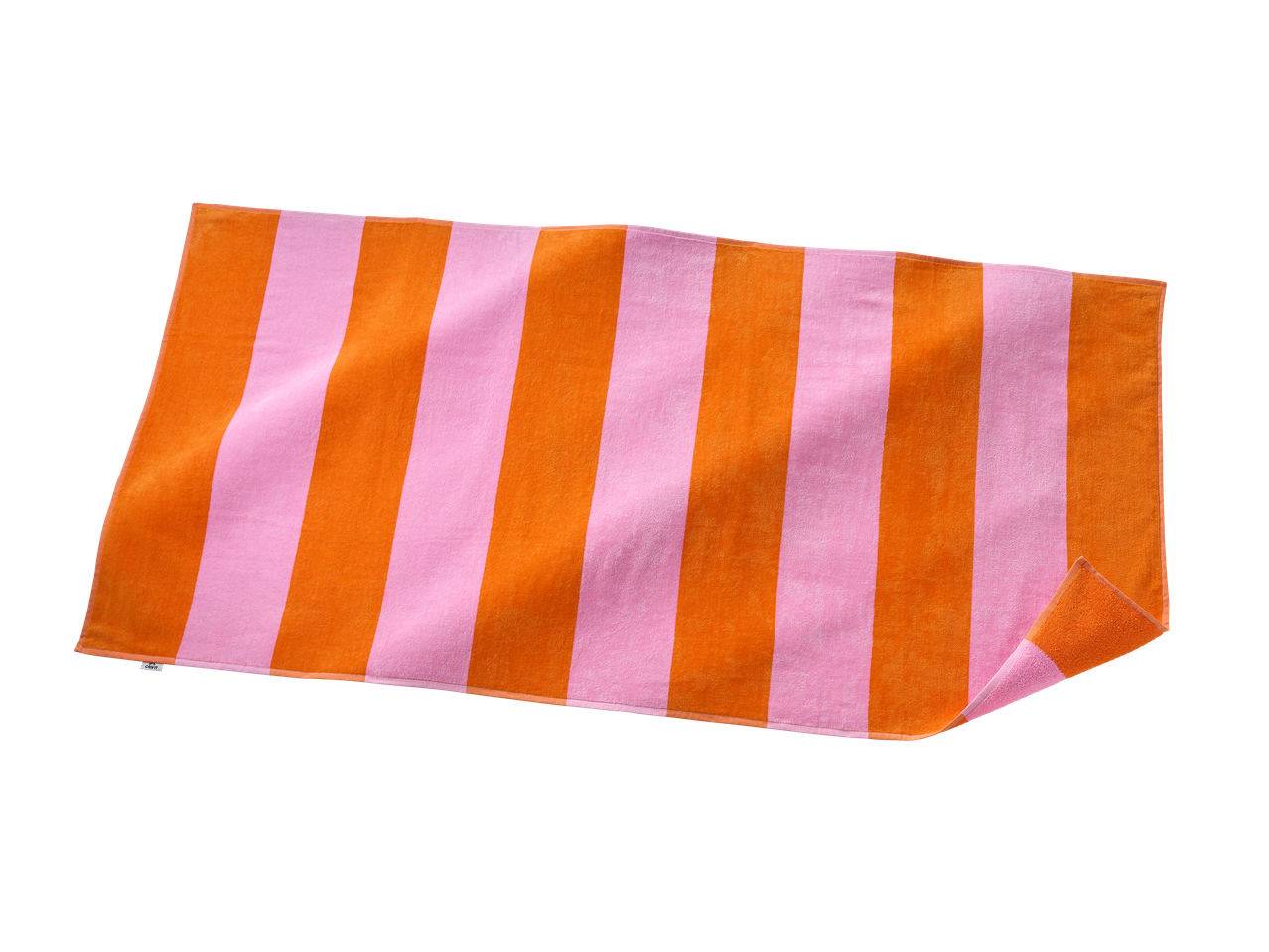 Serviette de plage rayée orange et rose sur fond noir.