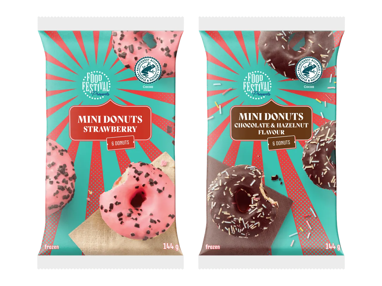 Kaksi pakkausta minidonitseja: mansikka- ja suklaa-hasselpähkinämakuisia, molemmissa 6 donitsia.