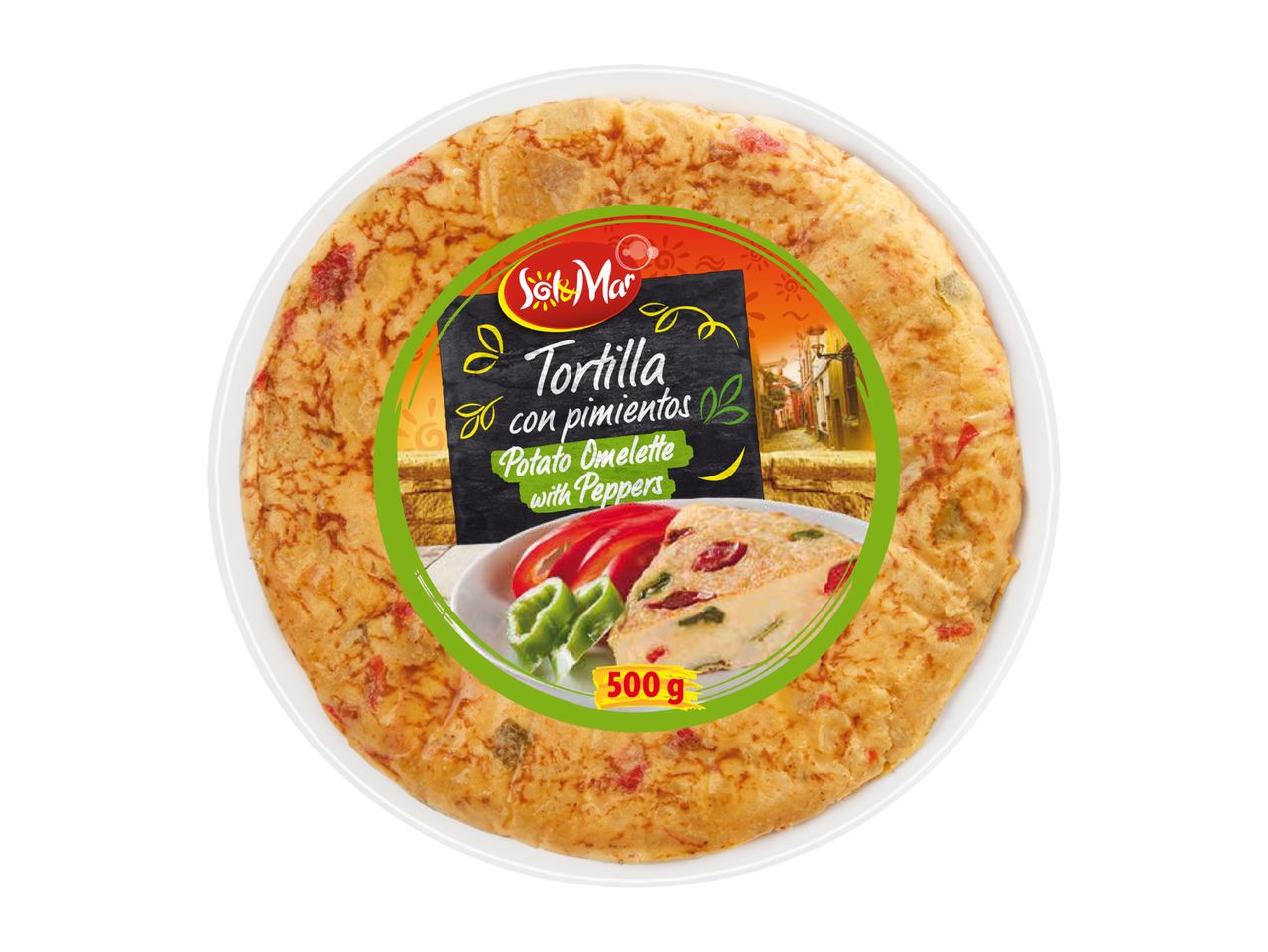 Round potato omelette with peppers, featuring a label with a slice of the omelette and peppers.