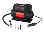 A portable Black+Decker air compressor with various attachments.