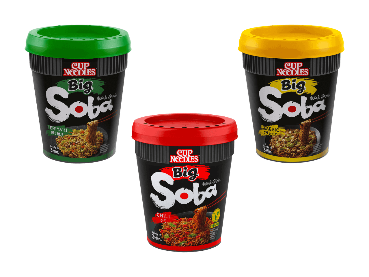 Drei Becher Cup Noodles Big Soba Nudeln in den Geschmacksrichtungen Teriyaki, Classic und Chili.