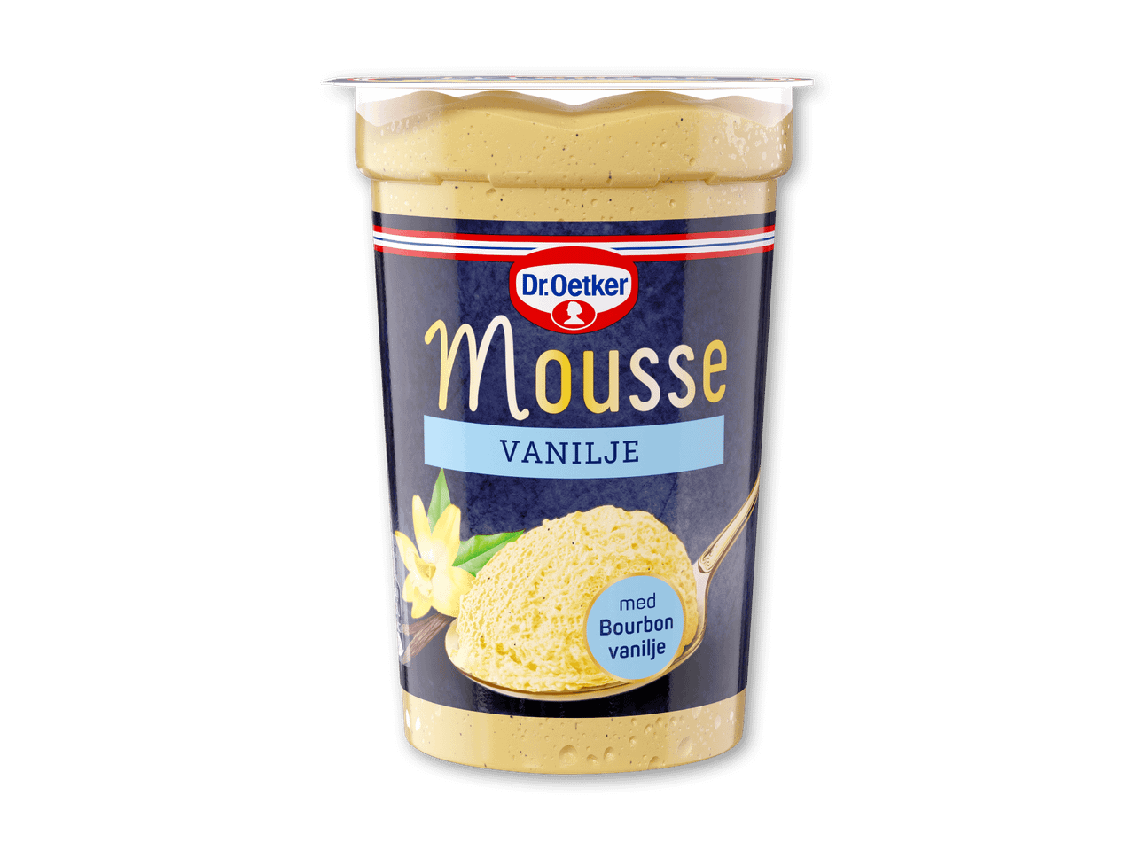 Vaniljemousse i en gennemsigtig kop med et blåt etiket, der viser en skefuld mousse og vaniljeblomster.