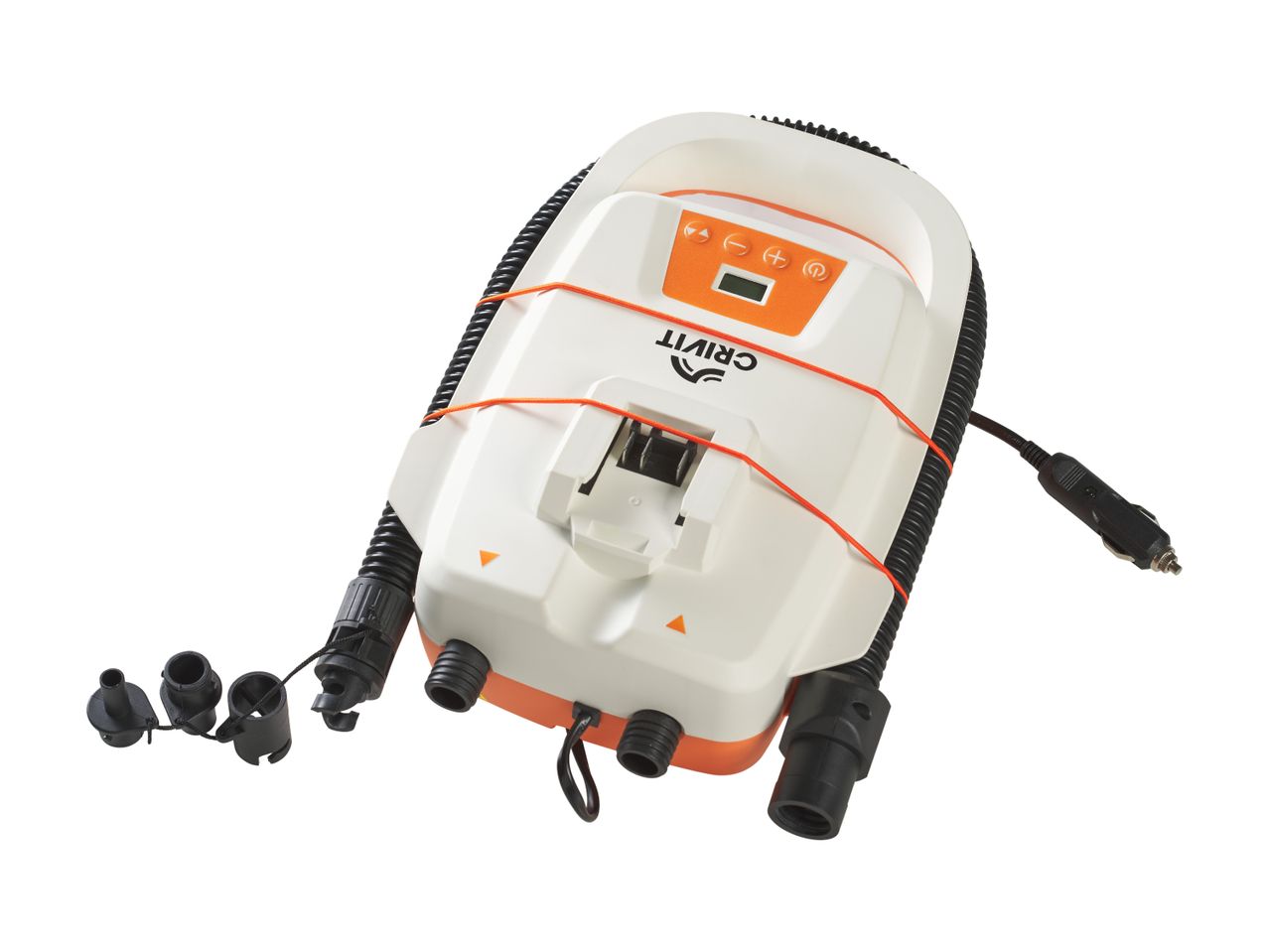 Portable electric air pump with various nozzles and a car power adapter.