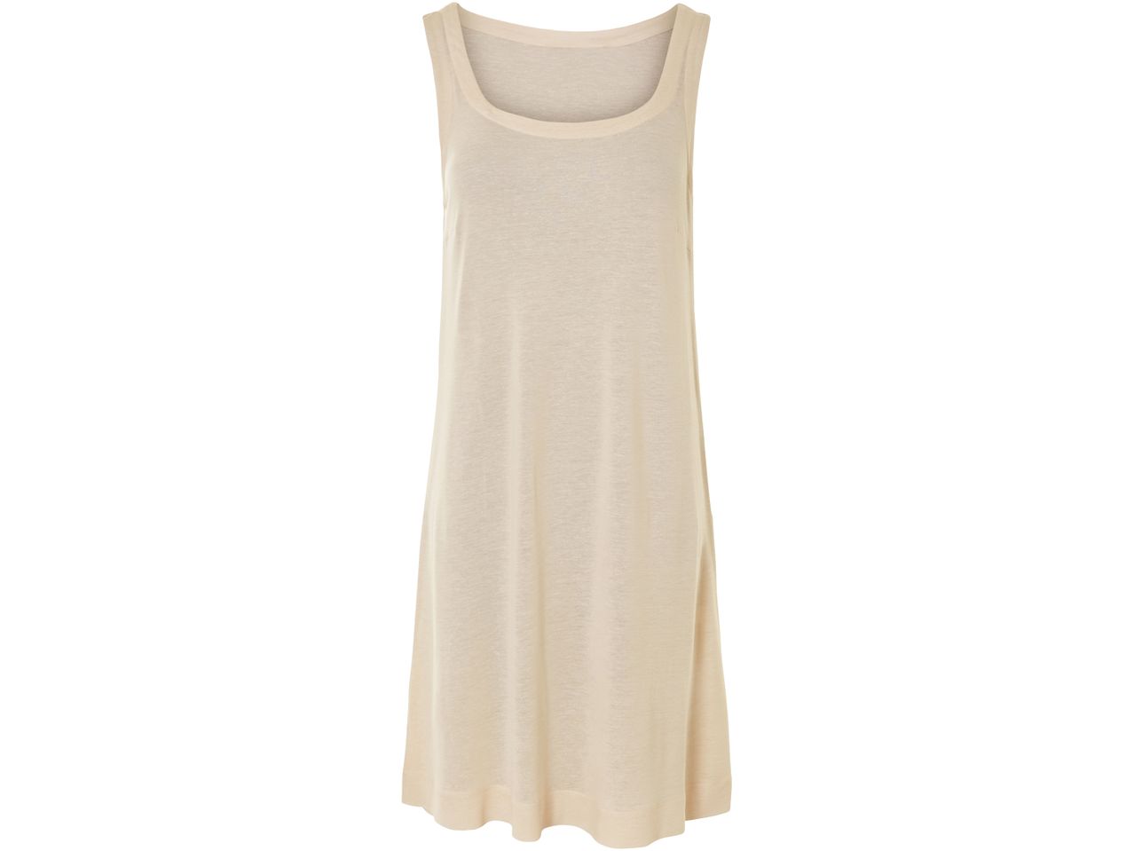 A beige sleeveless midi dress with a scoop neck.