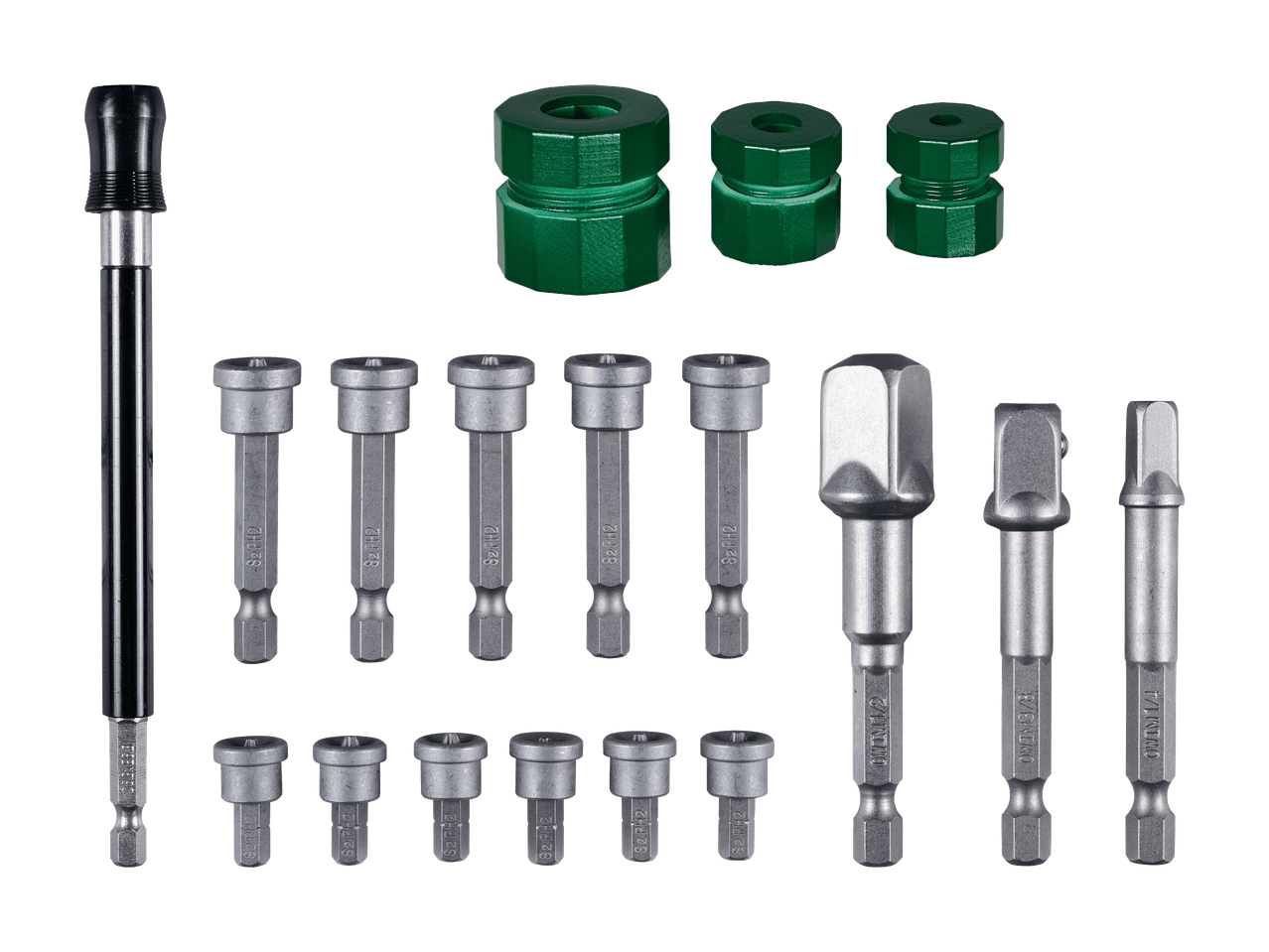Ein Satz Schraubendreher-Bits und Adapter, einschließlich grüner Sechskantadapter und magnetischer Bits.