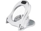 A silver egg slicer with multiple wires for cutting, on a white background.