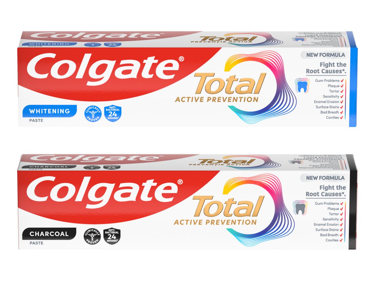 Două cutii de pastă de dinți, una pentru albire și una cu cărbune, ambele pentru prevenție activă.