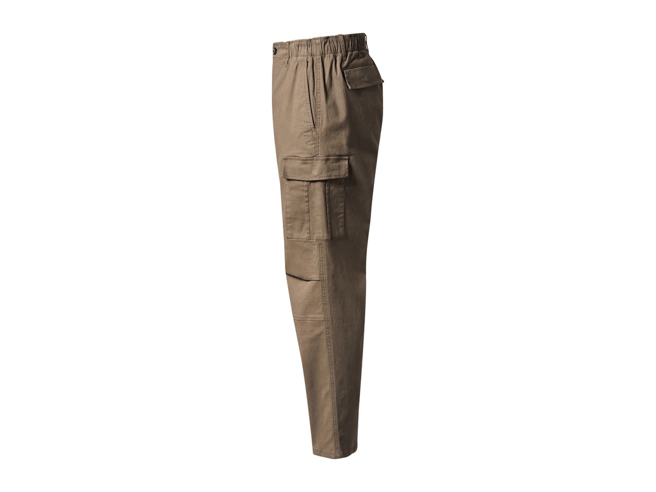Brown cargo pants with an elastic waistband and multiple pockets
