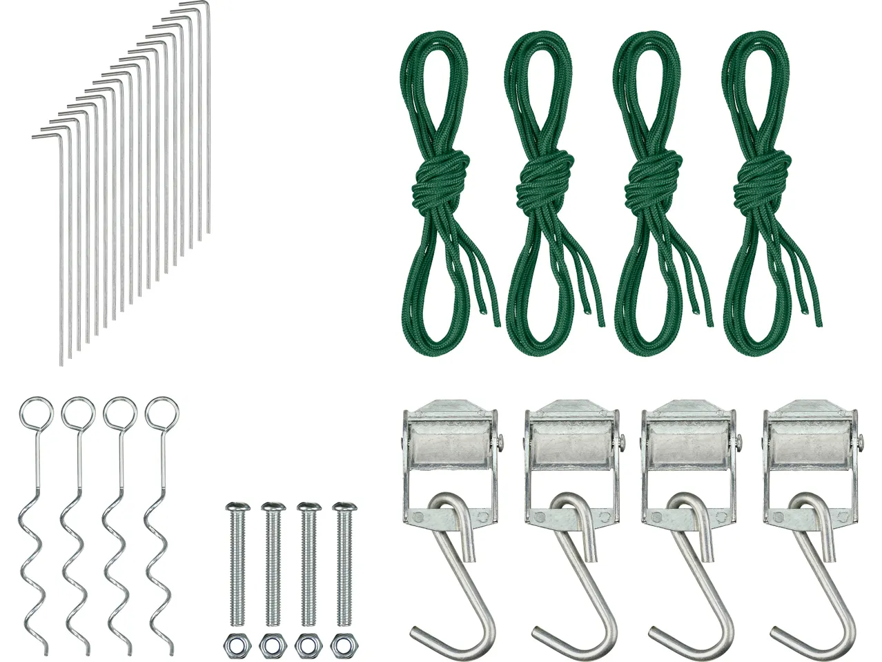 Un set di picchetti, corde, ancoraggi a spirale, bulloni e cinghie a cricchetto.