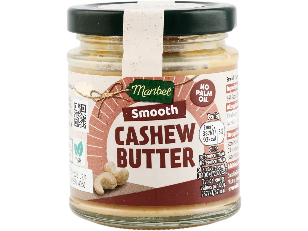 A jar of Maribel Smooth Cashew Butter, labeled as vegan and palm oil-free.